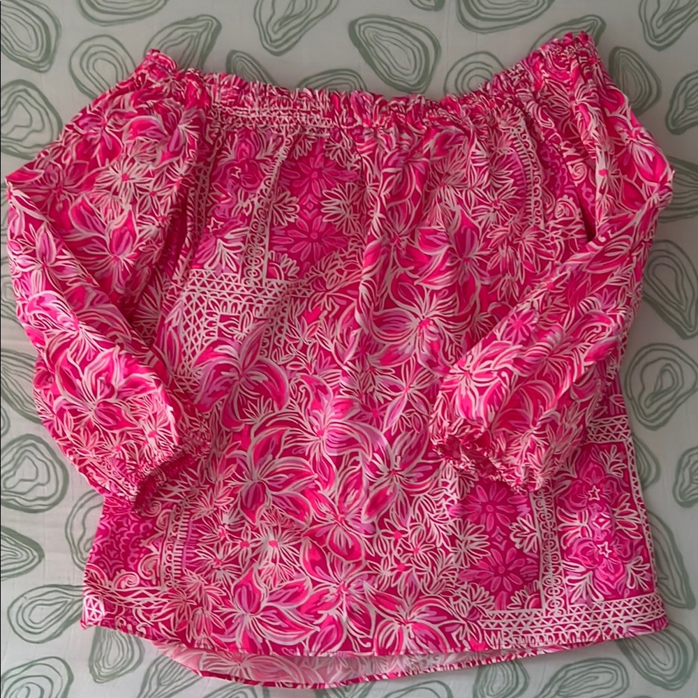 Lilly Pulitzer Pink and White Off the Shoulder Smocked Blouse